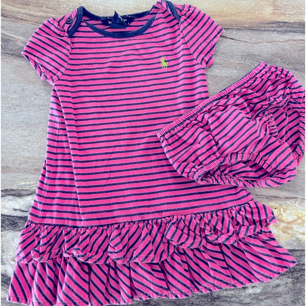 Ralph Lauren | Girls Size 18 Months Pink Navy Striped Ruffle Skirt Dress
